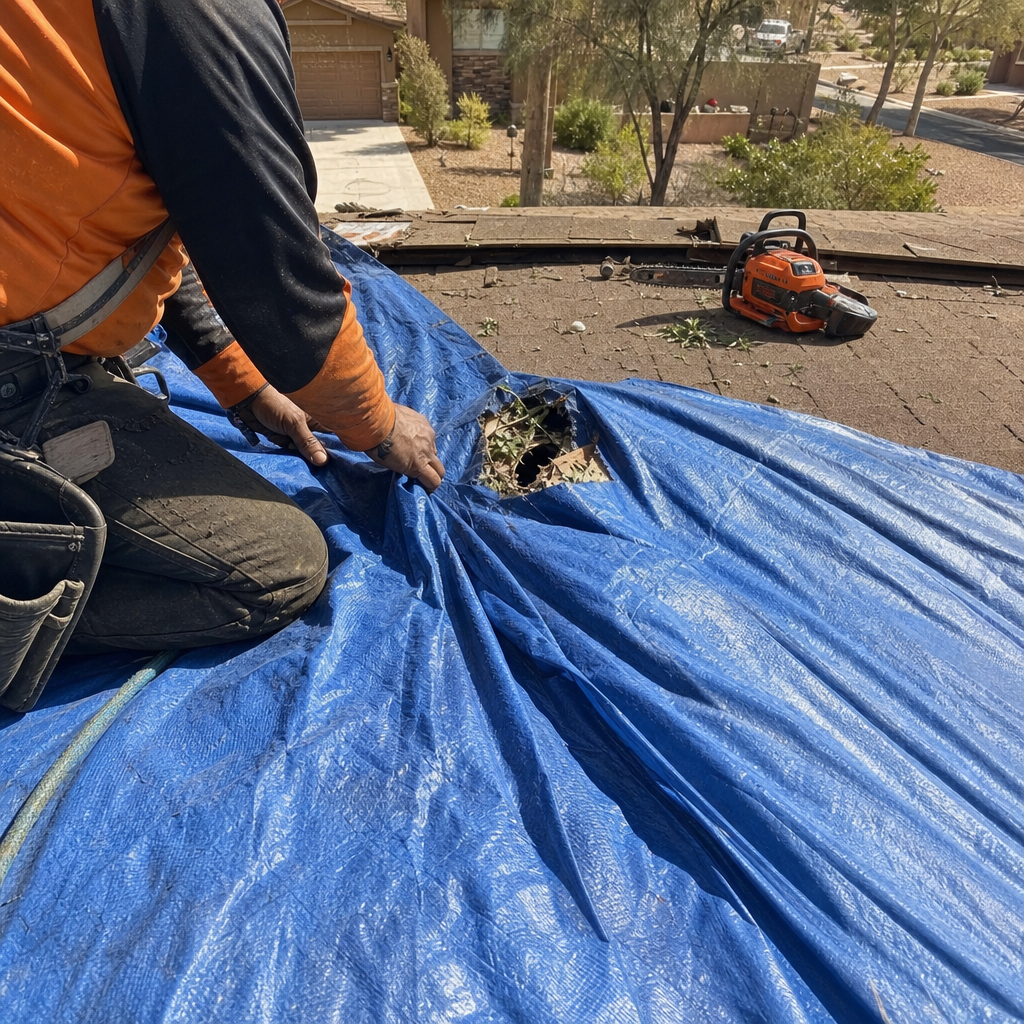 Roofer covers storm damage hole with tarp, chainsaw on roof. in Spring Valley, NV