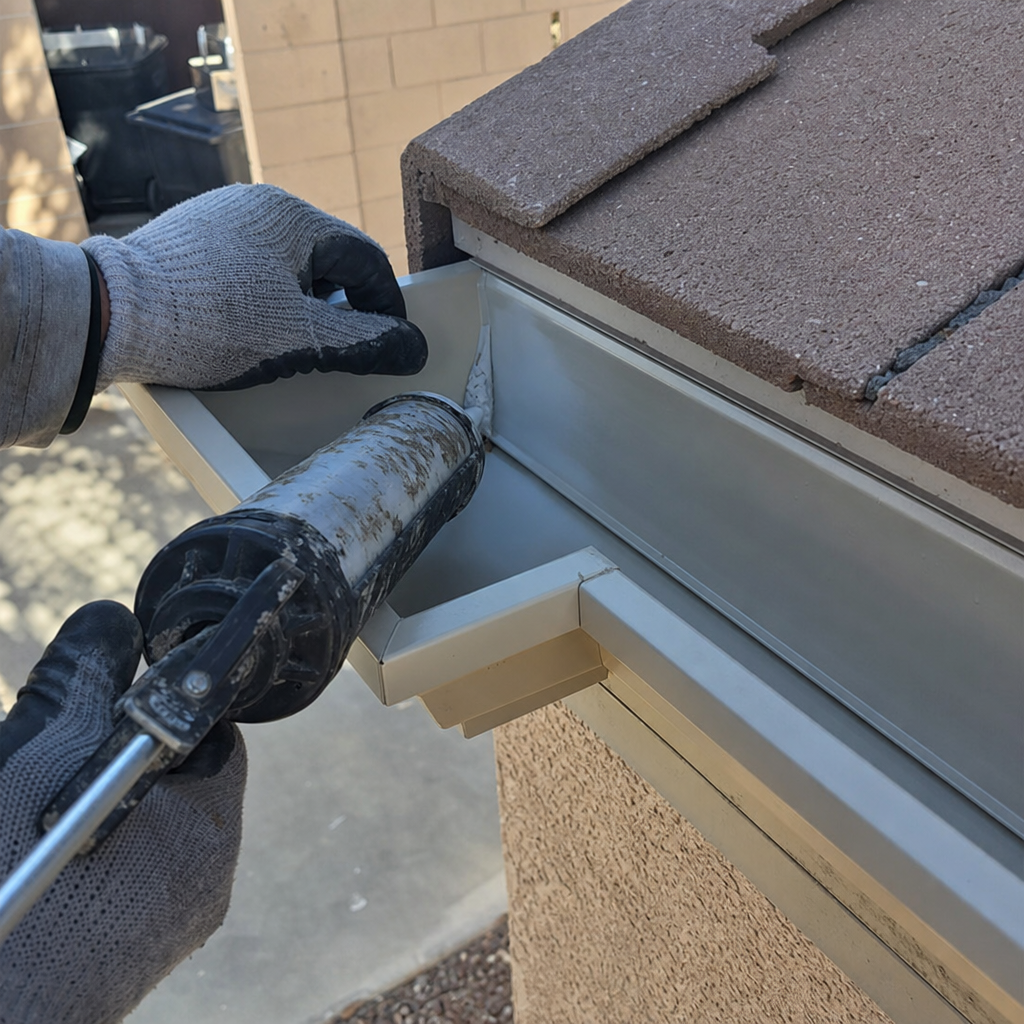Sealing gutter with caulk gun, gutter installation, roof repair in Spring Valley, NV