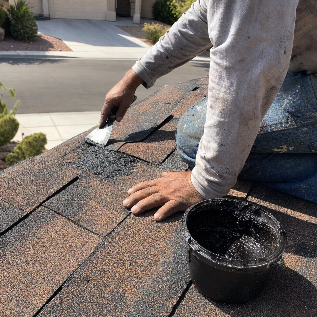 Roofer applying sealant to shingles during roof repair
