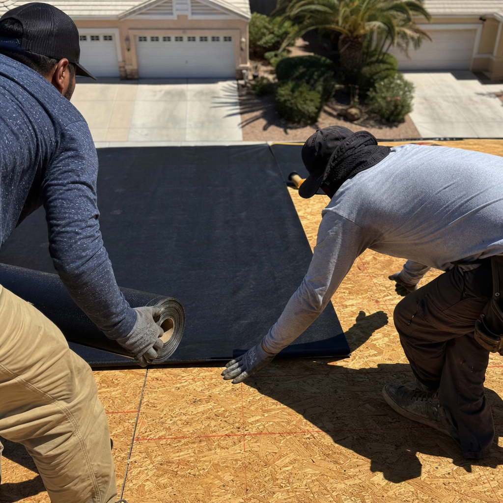 Roofers installing black roofing material on a residential roof.