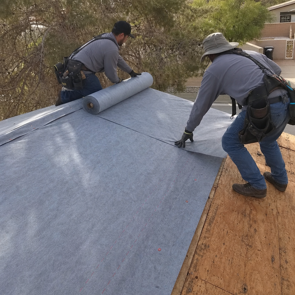 Roofers installing gray roofing material on a sloped roof during replacement or installation.