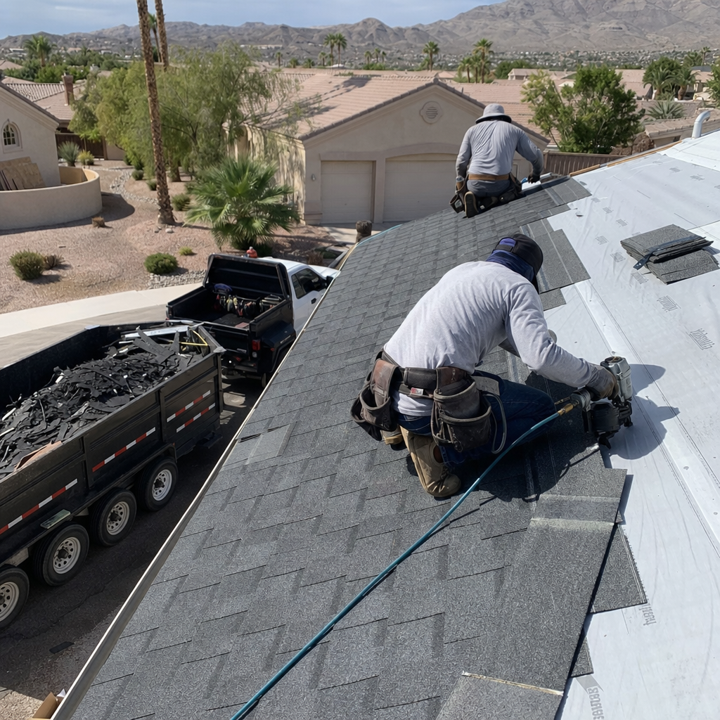 Roofers installing shingles, roof replacement, asphalt shingles installation